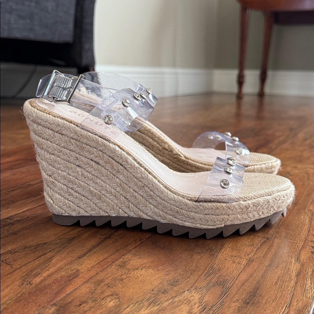 SCHUTZ Clear PVC Espadrille Wedge Sandals with Natural Jute Platform